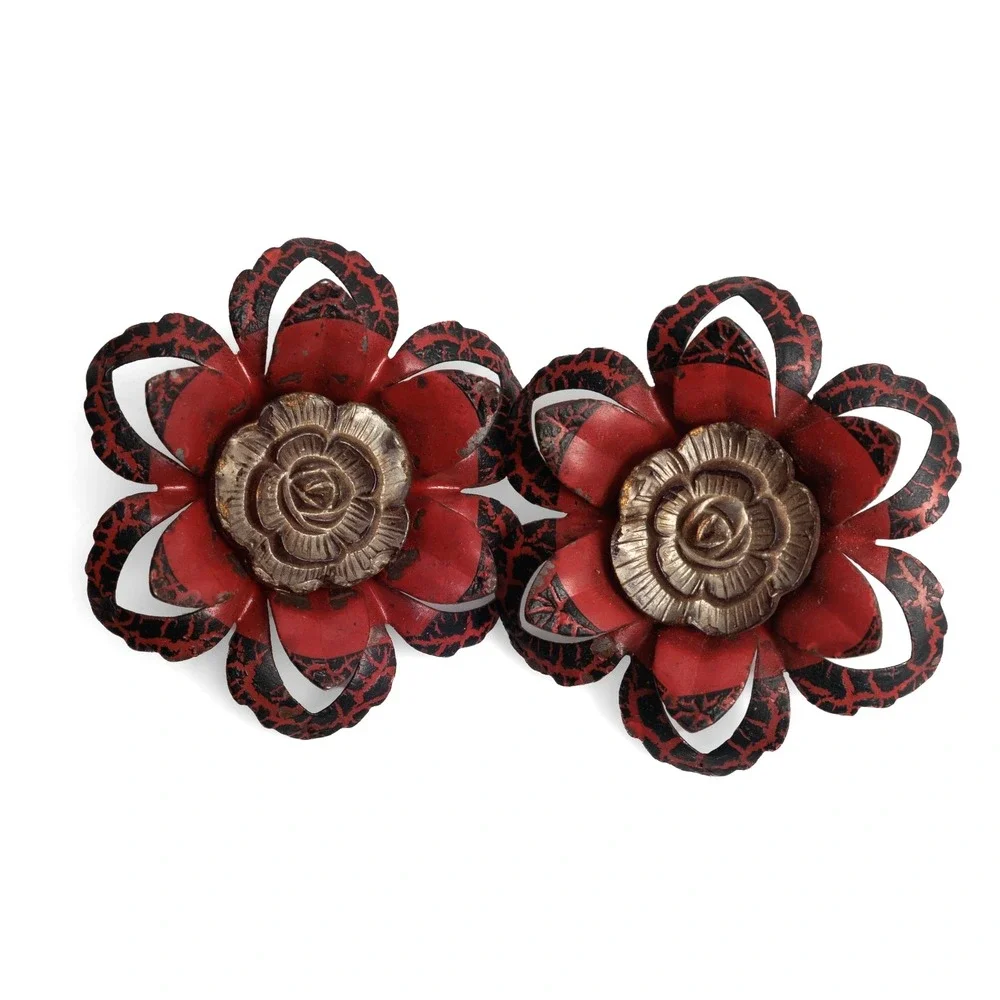 Vintage Ornate Enamel And Metal Red Flower Curtain Pins Set Of Two 2